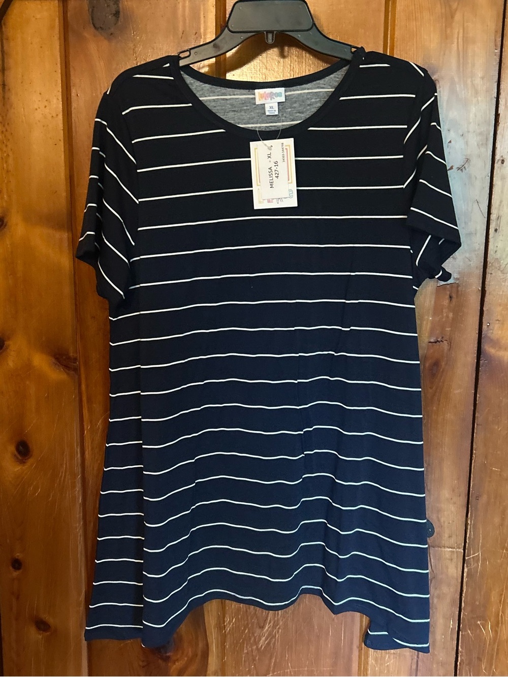 LuLaRoe Women's Navy Black Striped Short-Sleeve Top - Melissa XL